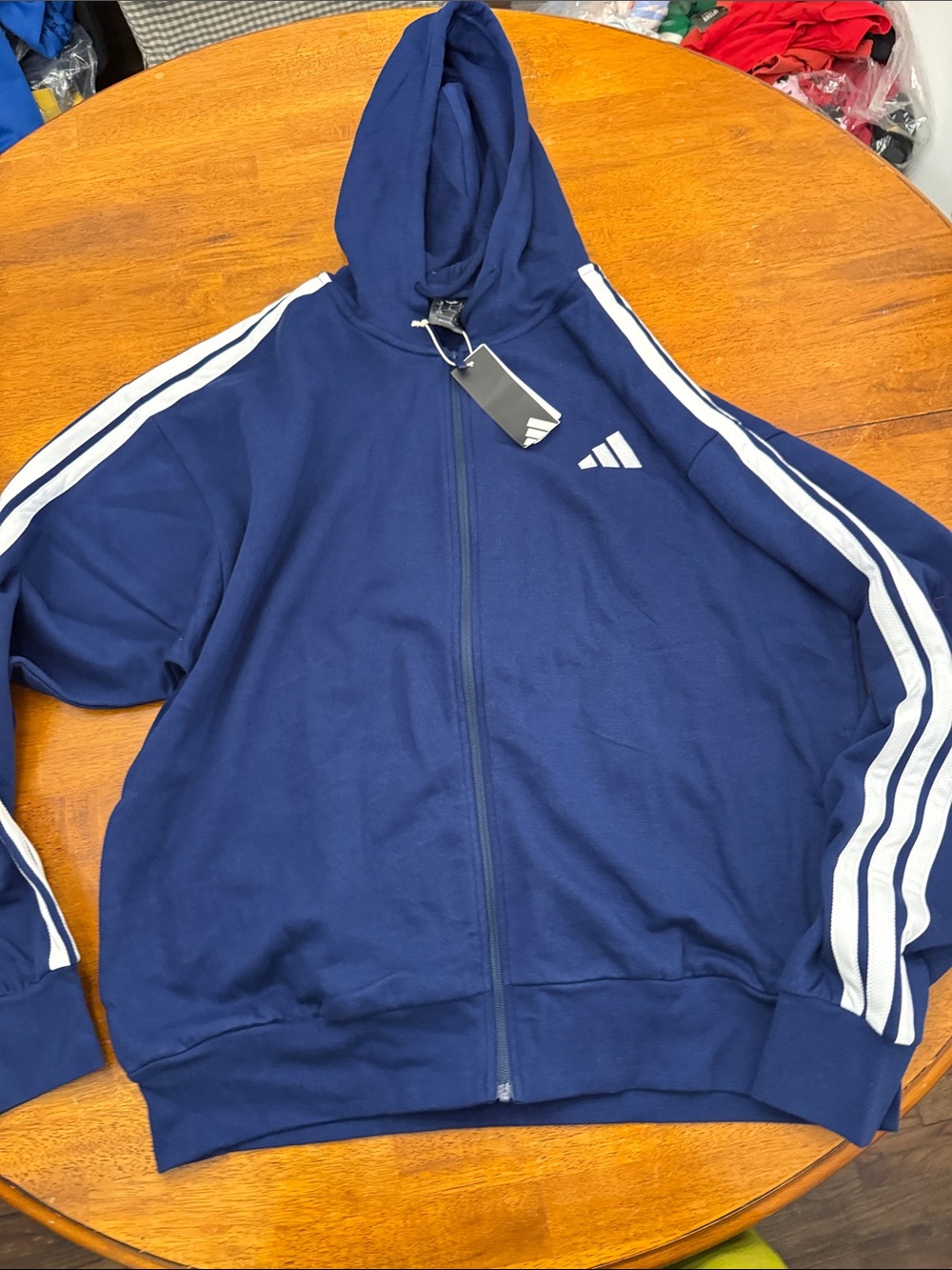 adidas Navy Hooded Zip Jacket with White Stripes XL